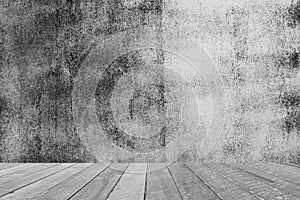 Black and white dirty wall and wooden floor . Blank space for text and images. vintage wallÂ TexturedÂ background